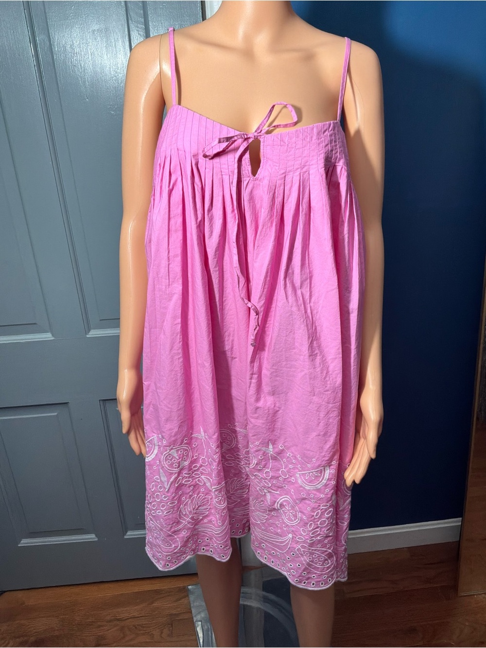Pink Spaghetti-Strap Chemise with Embroidered Hem